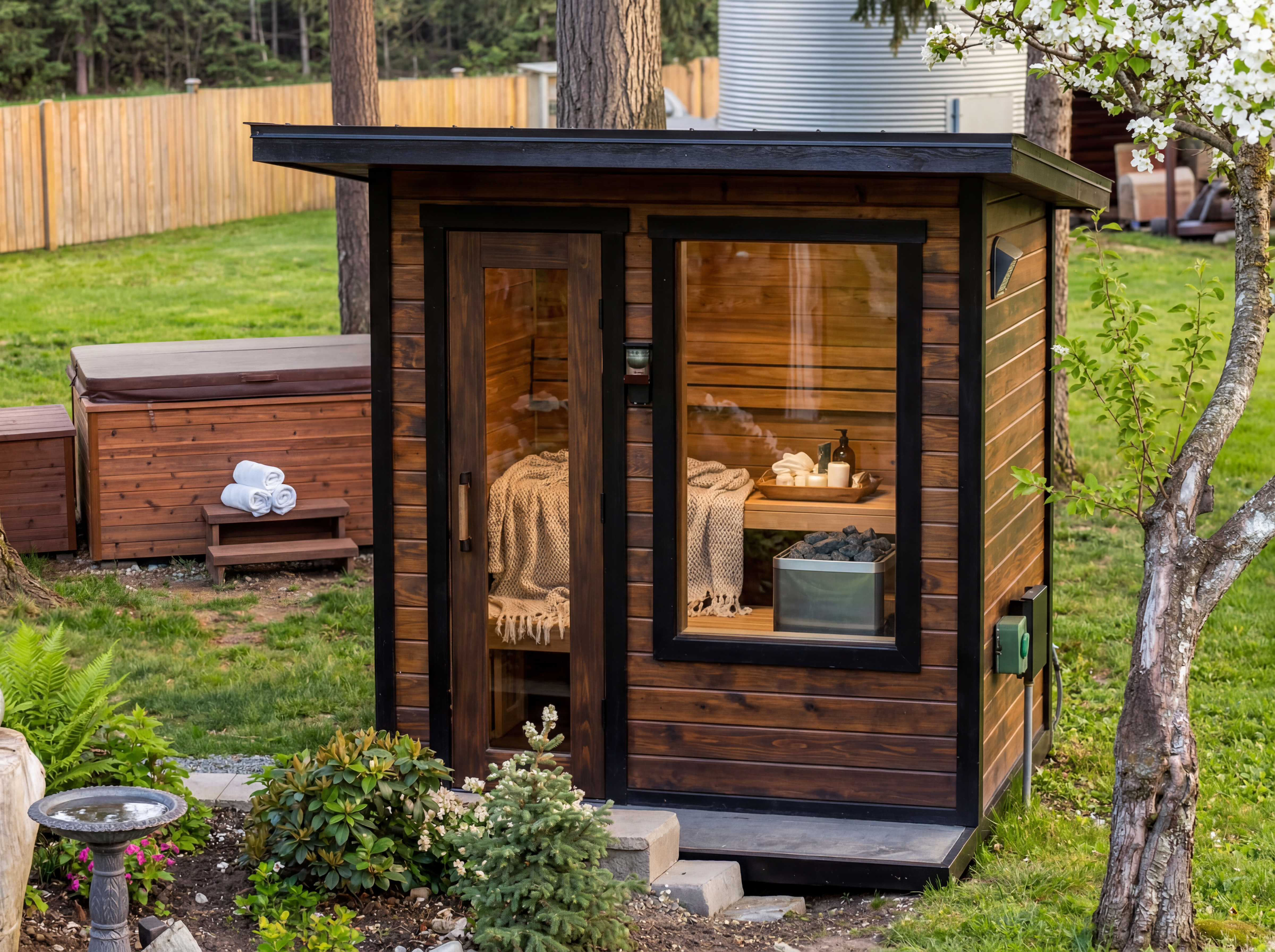 Pulse Sauna clear-cedar exterior with glass door and Saunum heater